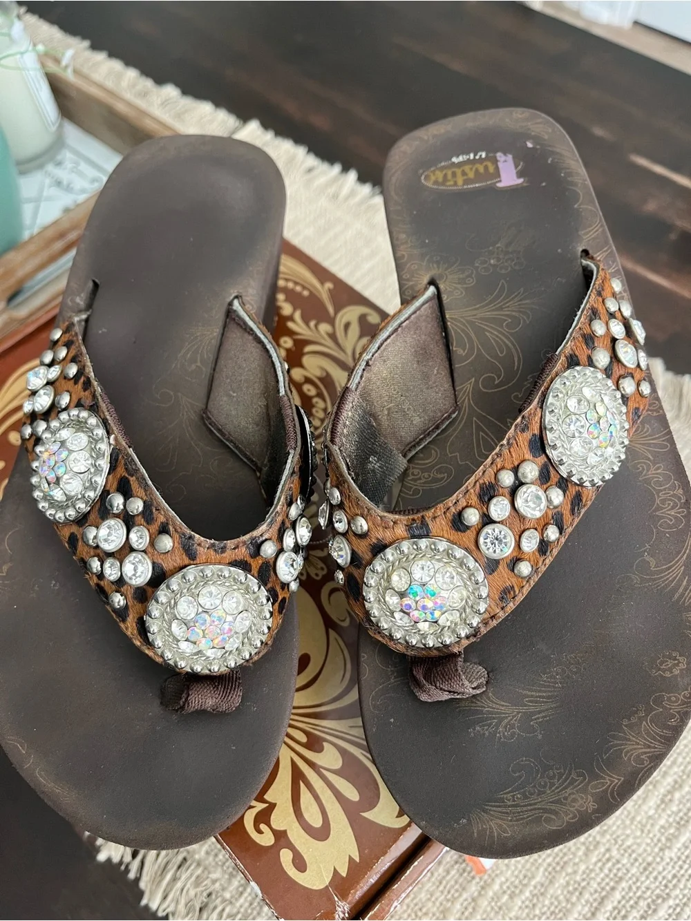 Brown Leopard Platform flip flops with Crystal Medallions